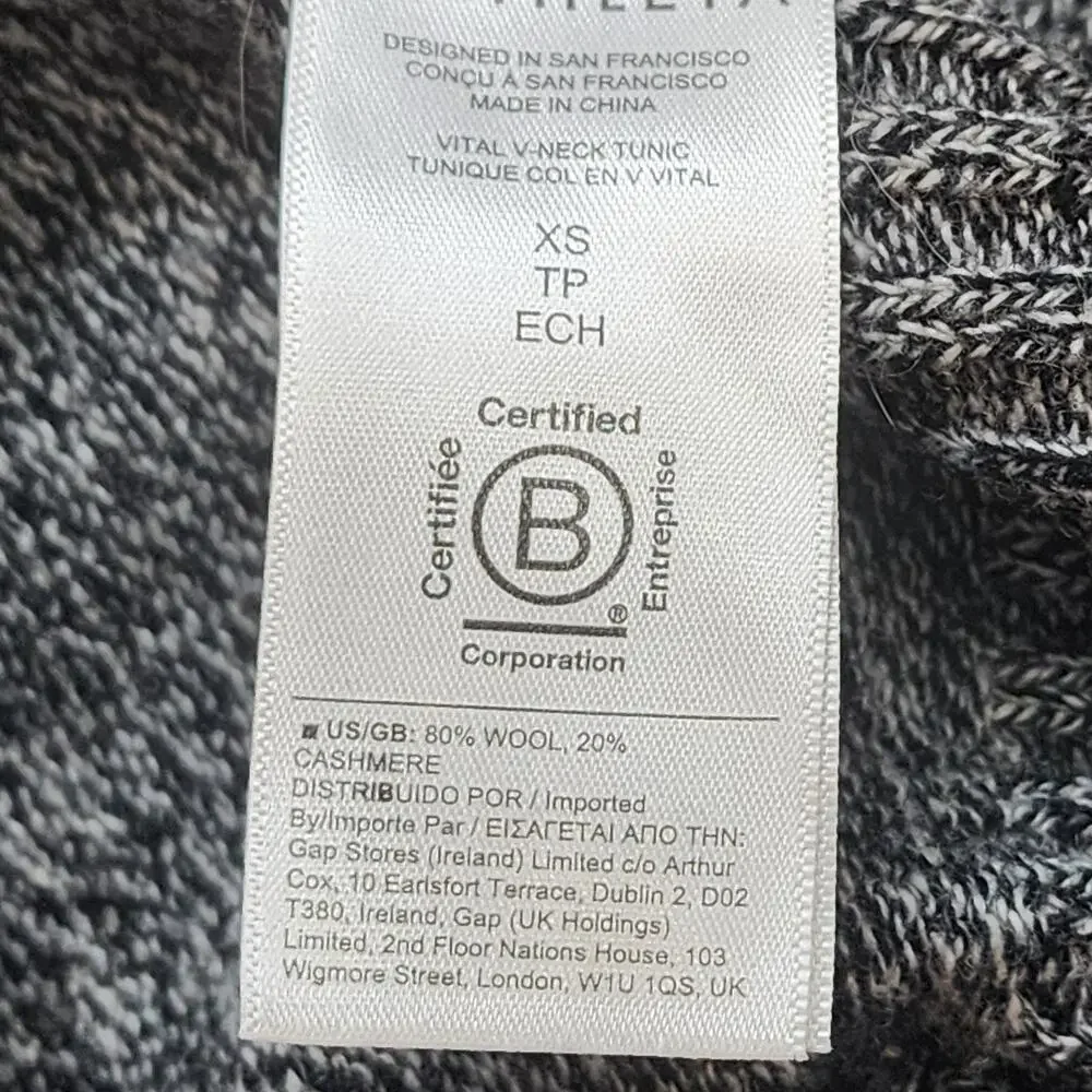 Athleta Womens Black Gray V Neck Wool‎ Cashmere Tunic Sweater Sz XS TP